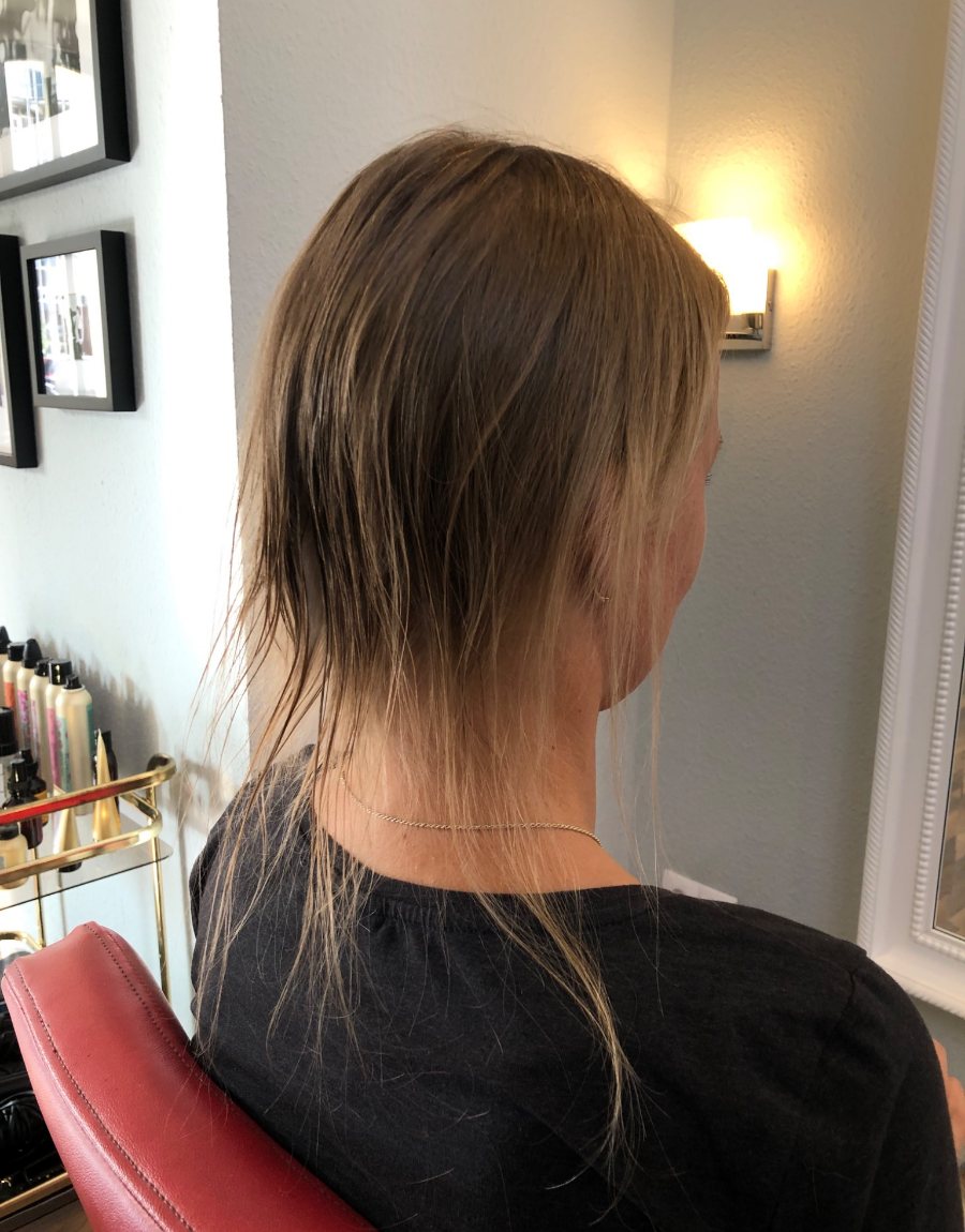 Feine Längen, die zu den Spitzen hin durchsichtig werden – typische Ausgangssituation für eine Haarverdichtung